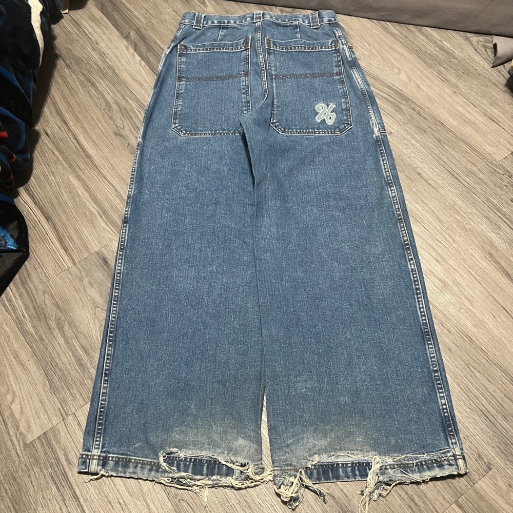 26 Red Brand Lines Mens Vintage 90s Wide Leg Baggy Rave Skater Jeans Blue 30x30